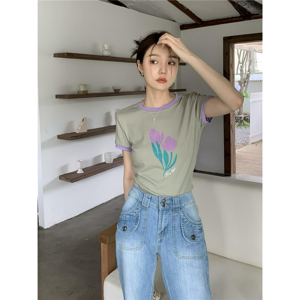 Áo Thun Ngắn Tay Dáng Ôm In Hoa Tulip Xinh Xắn 51543