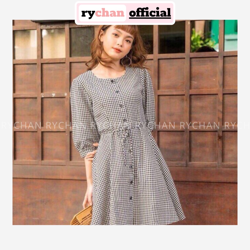 [ẢNH THẬT CUỐI] DX675 - Đầm Xòe Caro Tay Lỡ Phối Nút Trước