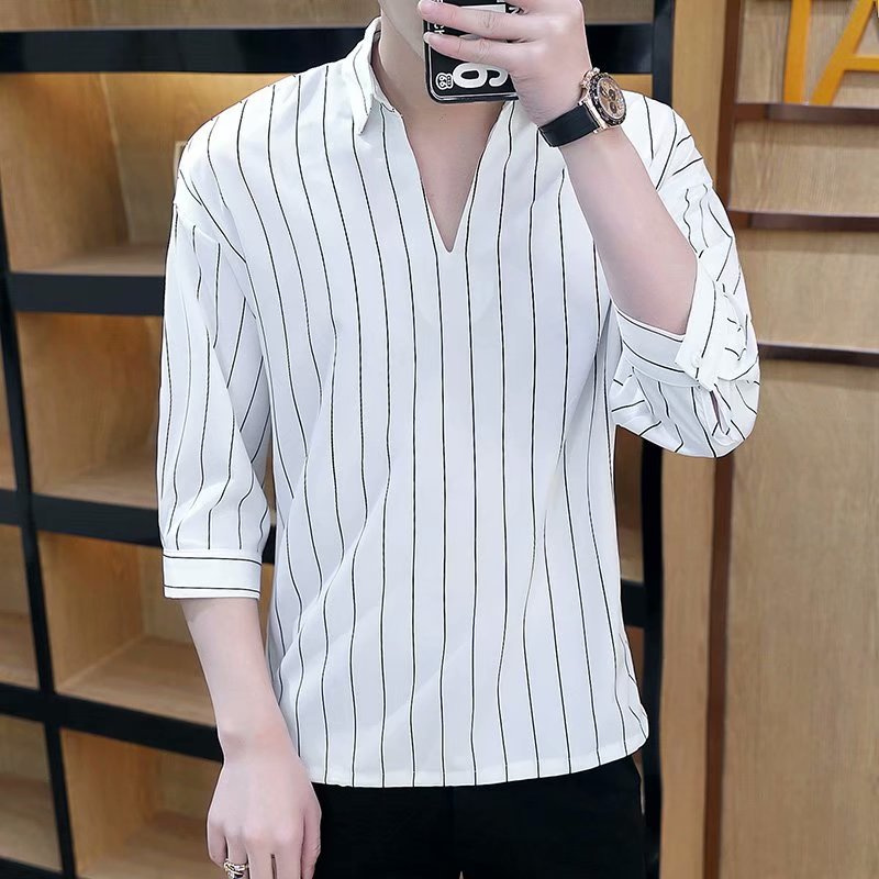 Áo sơ mi tay lửng họa tiết kẻ sọc trắng đen phong cách Hàn Quốc size S-3XL