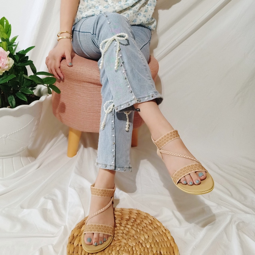 Giày sandal nữ đi học quai hậu dây chéo thổ cẩm êm,bền,thời trang-TBtc05