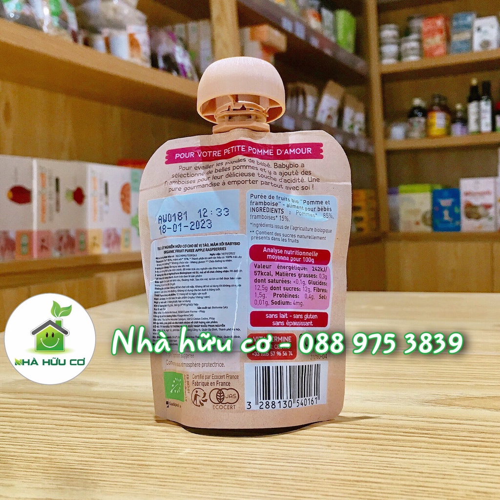 Trái cây nghiền/Hoa quả nghiền cho bé ăn dặm từ 6 tháng VỊ TÁO - MÂM XÔI 90g - Date: 11/2023 - Nhà hữu cơ