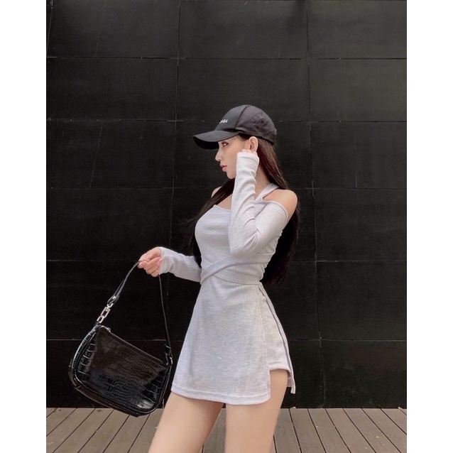 Set Đầm 2 dây body trễ vai đan lưng, quần giả váy nữ sexy cột nơ dáng ôm phù hợp đi tiệc đi chơi alohashop91