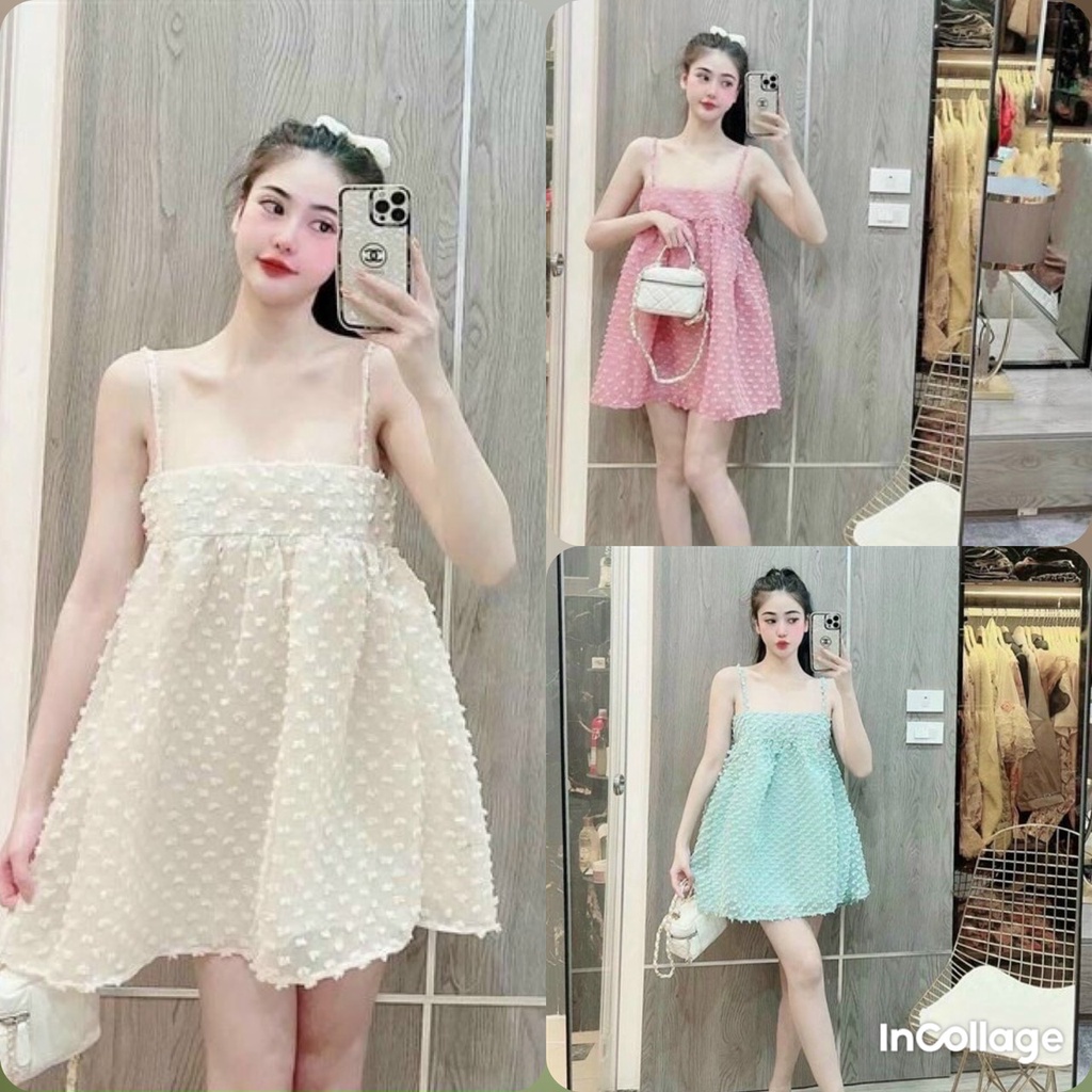 Đầm váy nữ dự tiệc 2 dây trẻ trung họa tiết xô hột, tôn dáng dạo phố đi chơi