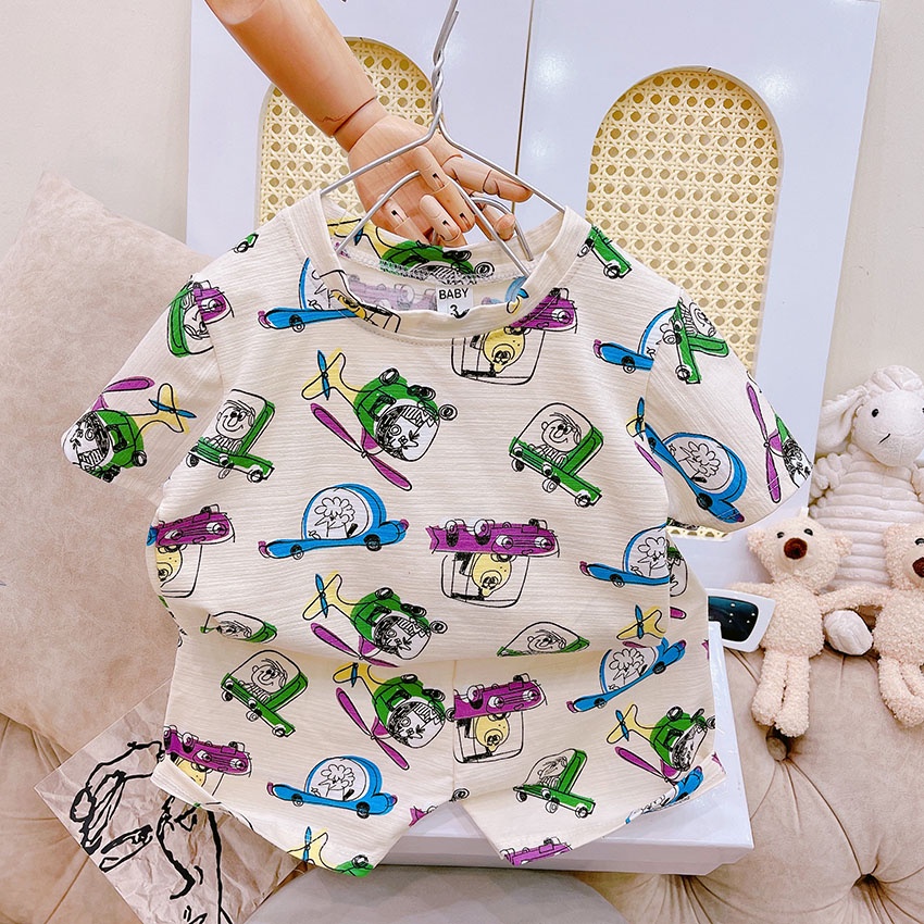 Bộ Quần Áo Cộc Tay In Hình Ô Tô Khủng Long Vải Cotton Tàu Loại 1 Cho Bé Từ 8-19kg Mã CT09