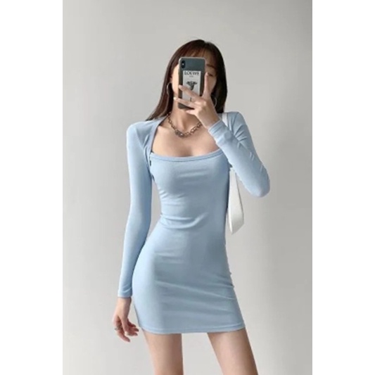 Đầm body 🌼NaNo Studio🌼váy ôm dài tay cổ vuông dáng ngắn cá tính chất liệu thun co dãn mát | BigBuy360 - bigbuy360.vn