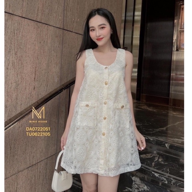 Váy đầm ren hoa xoè sát nách đính khuy dọc siêu hot L1 mh