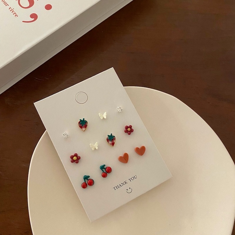 Set 6 Cặp Khuyên Tai Hình Trái Tim/Bướm/Quả Dâu Tây/Bướm Phong Cách Retro Thời Trang Dành Cho Nữ