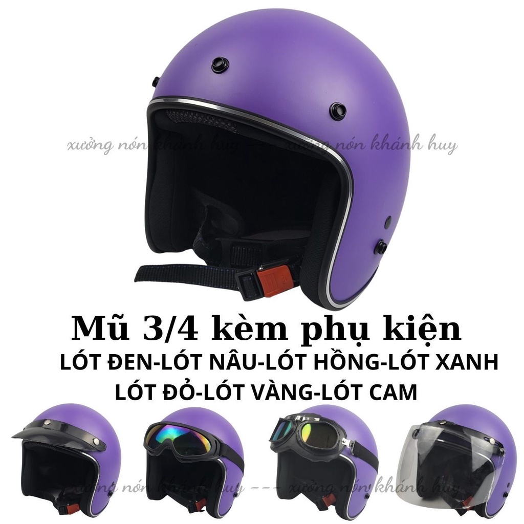 Mũ Bảo Hiểm 3/4 đầu ( MÀU TÍM ) Lót 7 Màu Cao Cấp Như Hình - Hàng CTY-Cam Kết Chất Lượng Giống Hình 100%