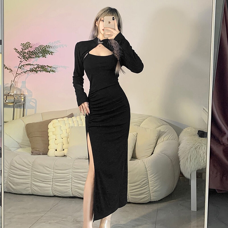 Kliou 2022 Mới vào mùa hè Set Đầm Maxi Xẻ Tà Cao + Áo Khoác Tay Dài Thời Trang Dành Cho Nữ