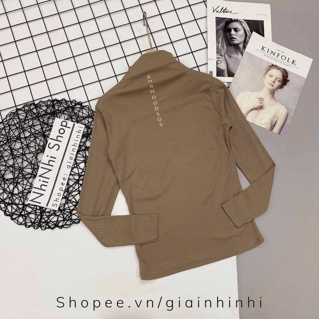 Áo thun tăm cổ cao dài tay, Áo phông thêu chữ dáng ôm co giãn 8211 - NhiNhi Shop