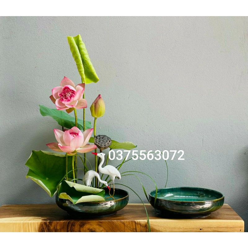 Ang cắm hoa nghệ thuật, bát thả hoa phi 30 men hỏa biến. Tặng đôi cò decor