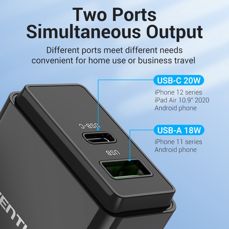 Củ Sạc Gắn Tường Vention Chuẩn Phích Cắm Uk Hai Cổng Usb Qc 3.0 / Pd 3.0 Sạc Usb 18w / 20w