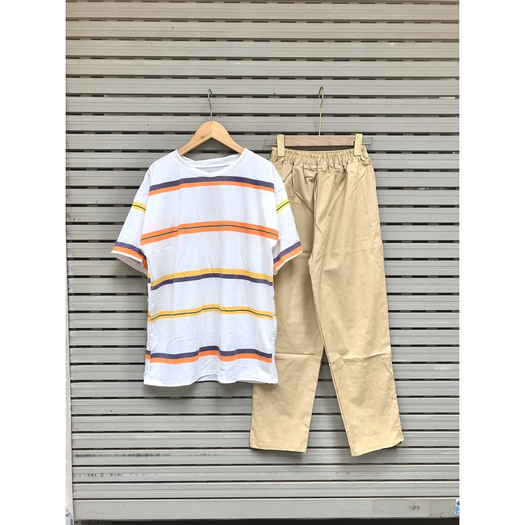 Set áo thun kẻ mix quần kaki  Bộ hè nam nữ áo phông tay lỡ form rộng kèm quần dài dáng suông GUU