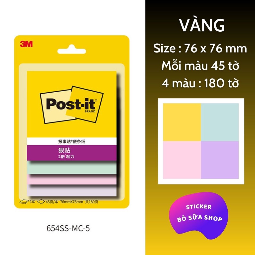 Giấy ghi chú 4 màu pastel đáng yêu giấy note hình vuông post it 3M stickerbosuashop