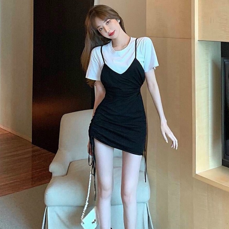 Set đầm yếm ôm body rút dây tôn dáng siêu xinh dễ thương phong cách retro