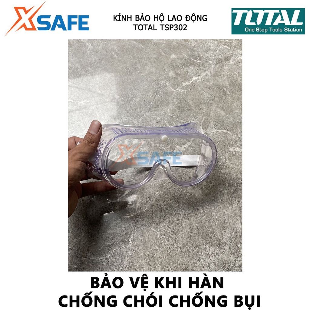 Kính bảo hộ lao động TOTAL TSP302 kính nhựa dẻo chống bụi Màu tròng kính trong suốt, khung nhựa PVC mềm và nhẹ
