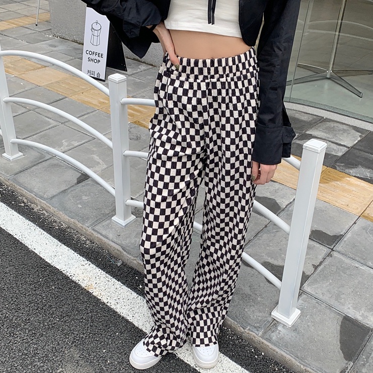 SUXI Quần ống rộng Họa Tiết Sọc Caro Phong Cách Retro Hàn Quốc Thời Trang Cho Nữ