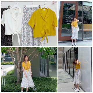 Áo sơ mi croptop cổ vest cột tà