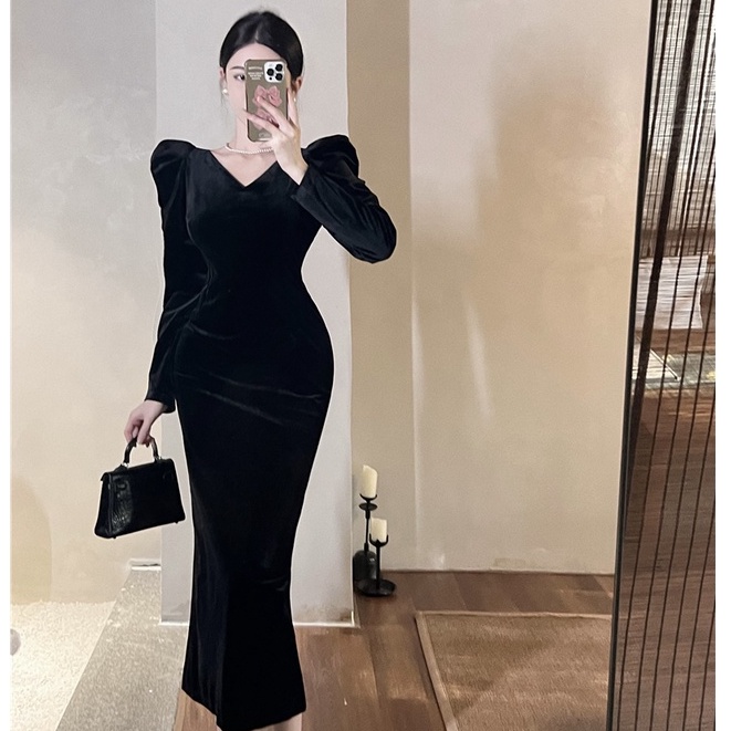 Áo Nhung Tay Dài Phồng Cổ Chữ V Thời Trang Retro Hàn Quốc
