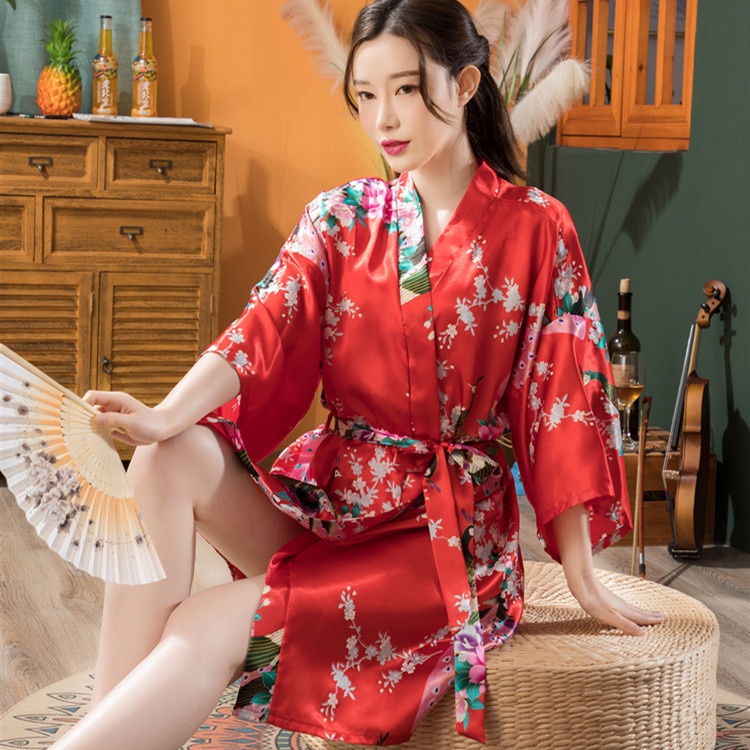 Áo Choàng Ngủ Kimono Vải Lụa Lạnh Mỏng In Hình Chim Công Thời Trang Mùa Hè Mới Cho Nữ