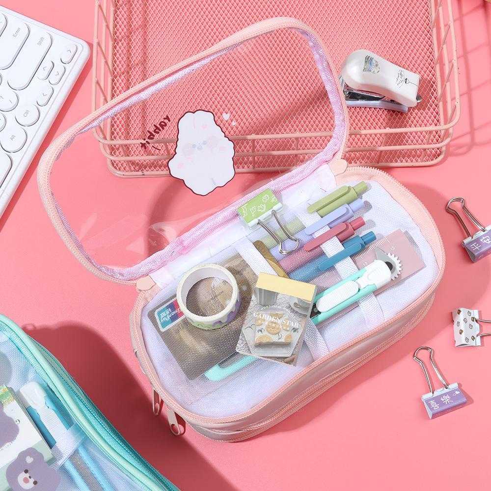 Túi Đựng Bút Chì Kẻ Ô Vuông Màu Trơn Trong Suốt Sức Chứa Lớn