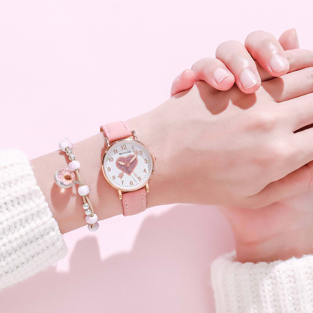 Đồng hồ thời trang nữ Mstianq MSTT dây da mềm, kim dạ quang tuyệt đẹp, họa tiết trai tim xinh xắn | BigBuy360 - bigbuy360.vn