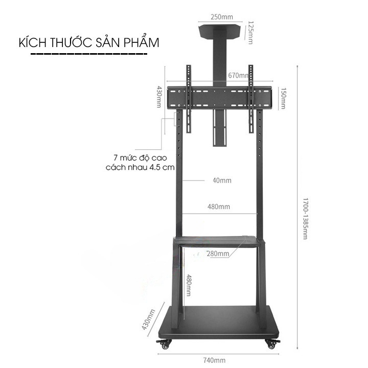 Giá Treo Tivi Di Động 1700 32 - 43 - 50 - 55 - 65 - 70 Inch - Kệ Treo Tivi Có Bánh Xe Di Chuyển Đa Năng