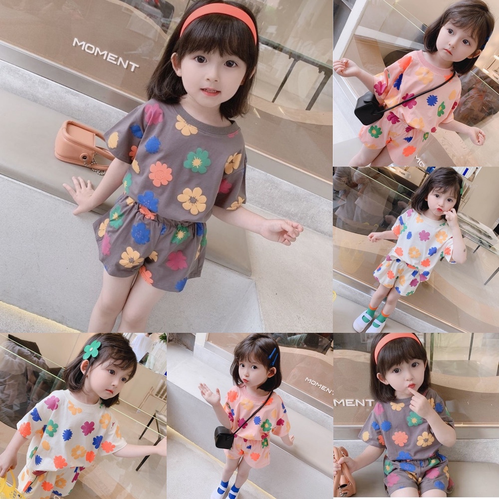 Set Áo Thun Ngắn Tay + Quần Short In Họa Tiết Hoa Phong Cách Hàn Quốc Dễ Thương Cho Bé Gái
