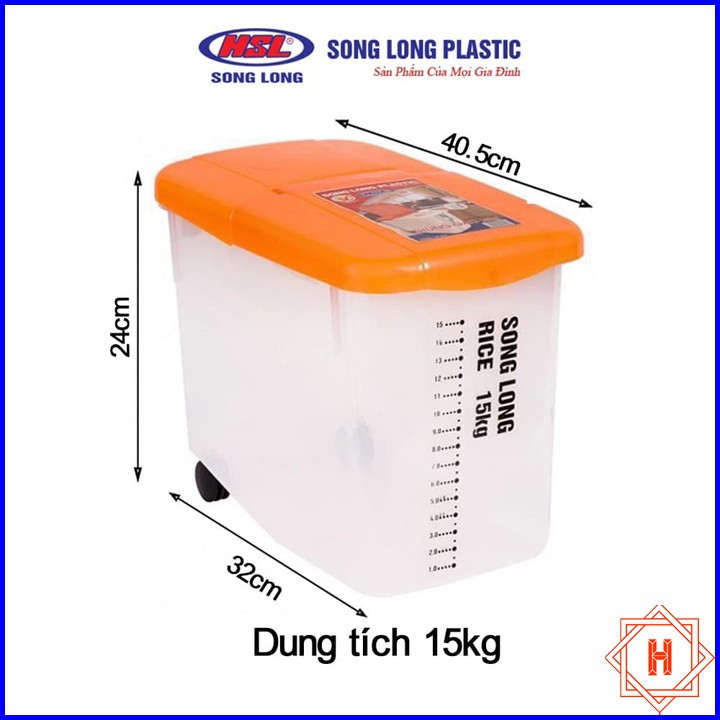 Song Long Plastic Thùng đựng gạo có nắp 10kg, 15kg nhựa cao cấp có bánh xe { H }