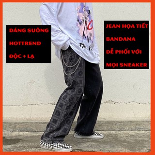 Quần Jean ống suông rộng nam nữ họa tiết kẻ đường phố unisex streetwear xuông phối với sneaker viền bandana