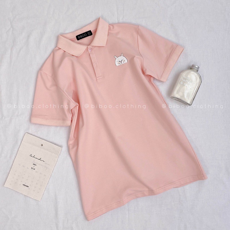 BIBOO - Áo polo có cổ tay ngắn form unisex nam nữ THỎ HỒNG chất liệu cotton cao cấp