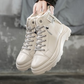 Giày Boots nữ, Bốt Nữ màu kem lót lông da mềm, dây rút cá tính siêu xịn cho bạn nữ