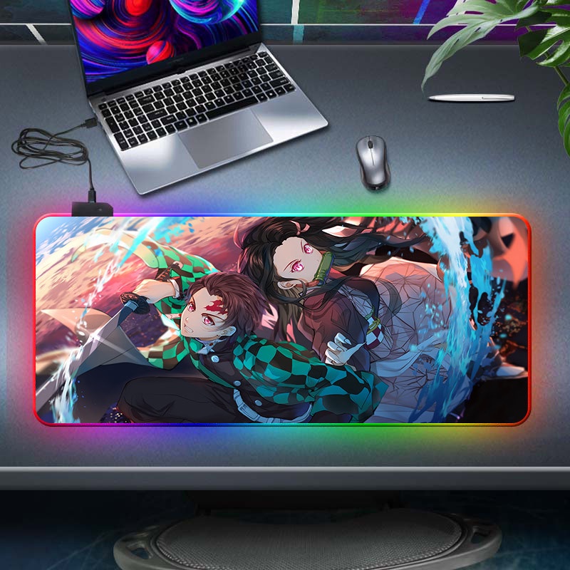Thảm lót chuột chơi game có đèn LED RGB in hình Anime Demon Slayer kèm cáp