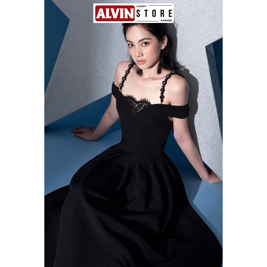 Đầm Dáng Xòe Vai Ngang Hai Dây Ngọc Phối Túi Sang Trọng Và Quyến Rũ Alvin Store 2904