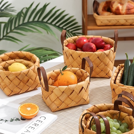 Giỏ Đựng Trái Cây / Bánh Mì / Rau Củ handmade Bằng Gỗ Có Tay Cầm Bằng Gỗ Sáng Tạo Dùng Khi Đi