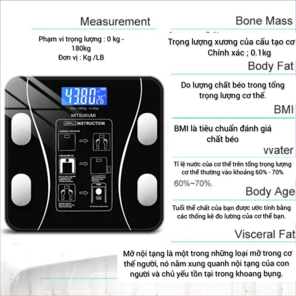 Cân điện tử bluetooth đo chỉ số cơ thể ,Cân điện tử sức khỏe MITSUKUMI Tặng Thước dây + cáp sạc USB [ bảo hành 12 tháng]