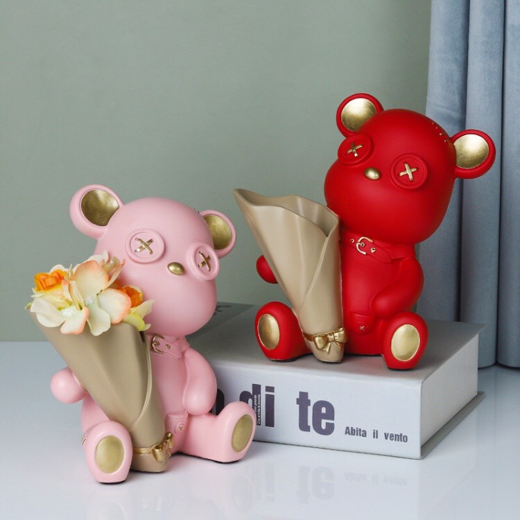 Tượng gấu decor, mô hình gấu decor kèm lọ hoa trang trí bàn học, bàn làm việc, kệ sách