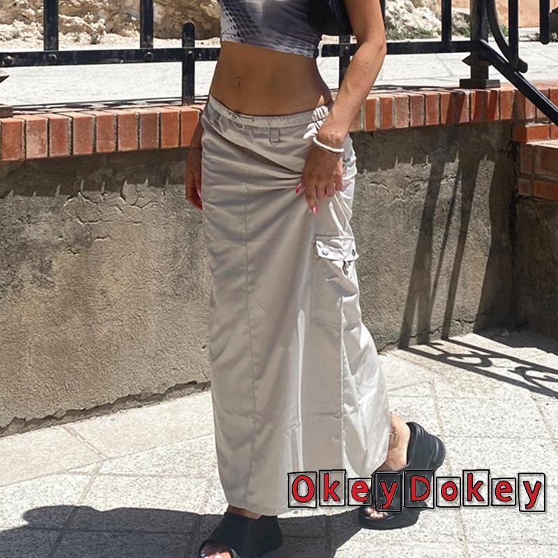 Chân Váy Dài Lưng Thun Màu Trơn Thiết Kế Dây Rút Có Nhiều Túi Thời Trang Cho Nữ