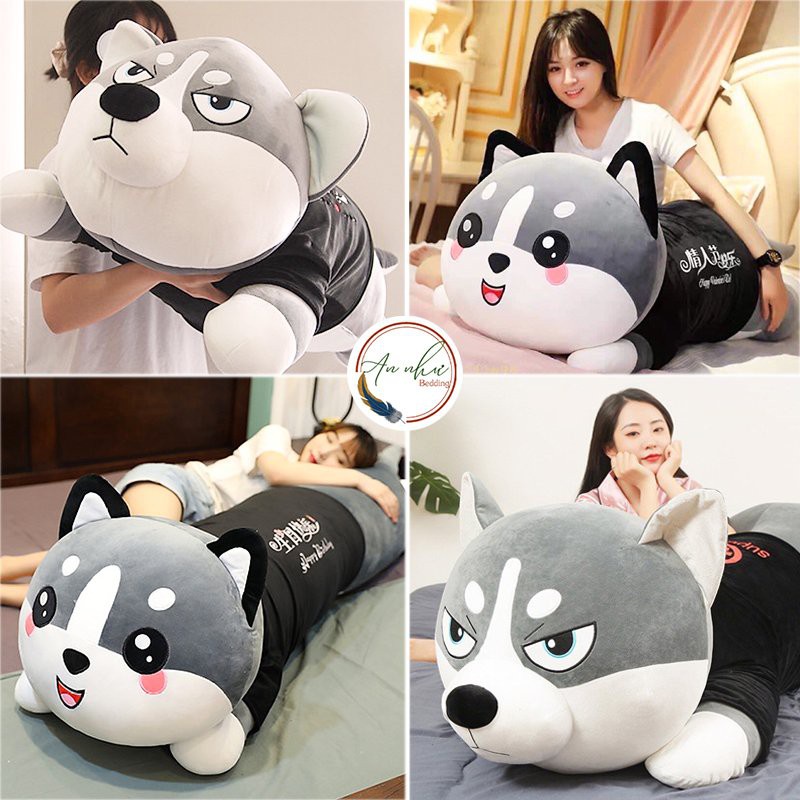 Gấu bông chó husky xám co dãn 4 chiều siêu to khổng lồ,Mèo bông to vải nhung mềm mịn co dãn 4 chiều