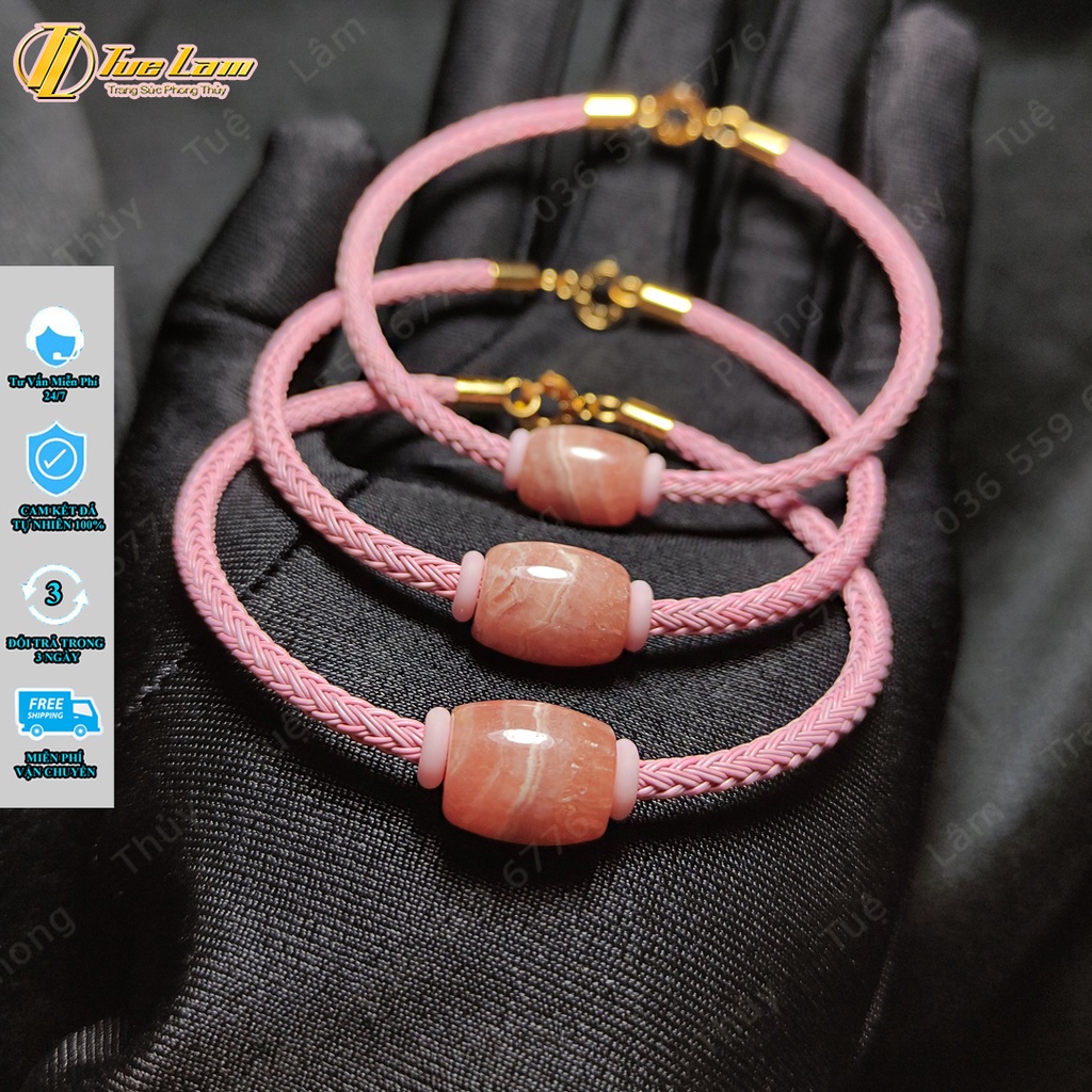 Vòng tay lu thống tài lộc đào hoa màu hồng mix dây cáp khóa bấm bền đẹp - Tuệ Lâm