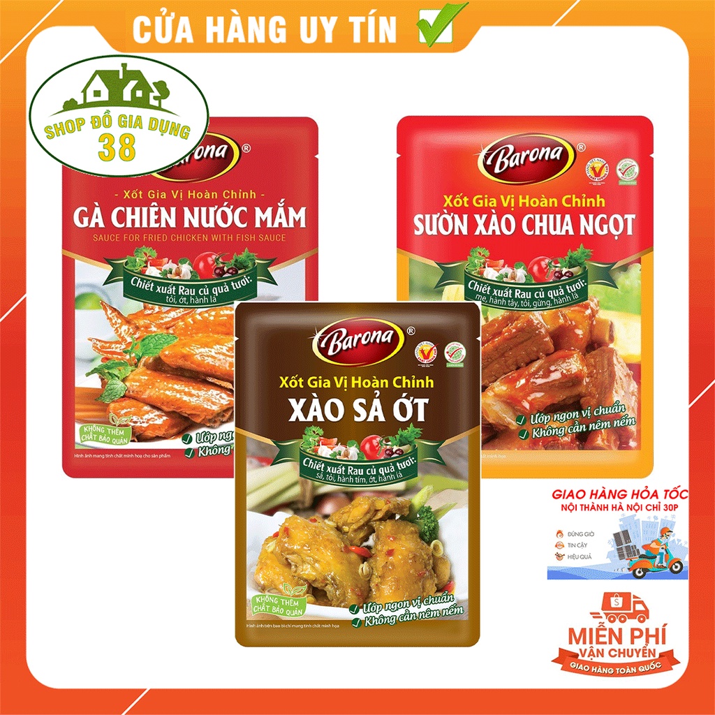 Combo 3 gói Xốt Sườn Xào Chua Ngọt-Xào Sả Ớt-Gà Chiên Nước Mắm -Gia vị hoàn chỉnh Barona-Date cực dài