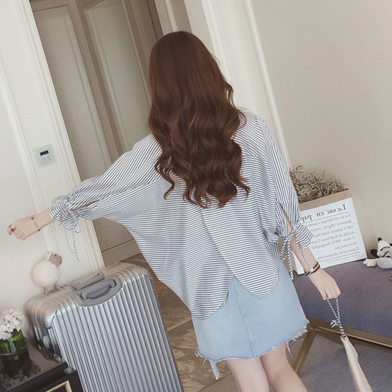 Áo kiểu RENJIANVSHENG 172582 tay lửng cánh dơi cổ chữ V họa tiết kẻ sọc thời trang thanh lịch dành cho nữ