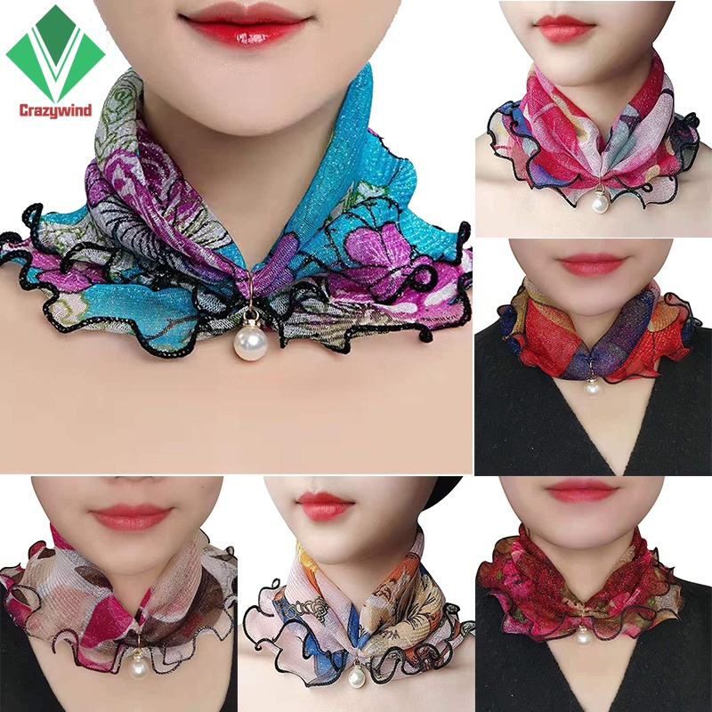 Khăn bandana trùm đầu bảo vệ chống nắng vải voan phối ren đa năng thời trang đính hạt ngọc trai nhân tạo dành cho bạn nữ