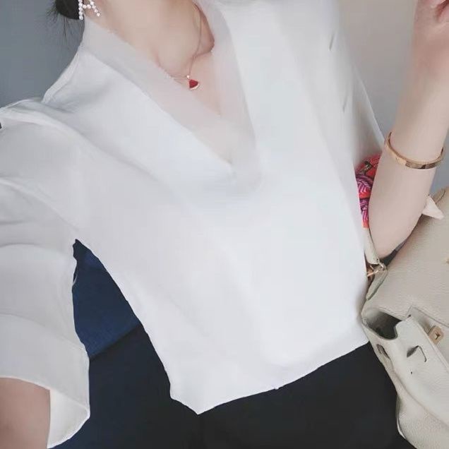 Áo Sơ Mi Chiffon Tay Lửng Cổ Chữ v Dáng Rộng Thời Trang Mùa Hè Cho Nữ K3AL