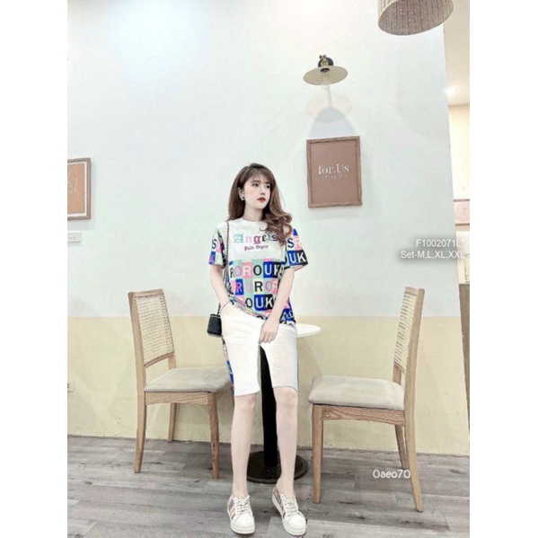 Set bộ thun lỡ viền áo phối họa tiết chữ tay ngắn 1002