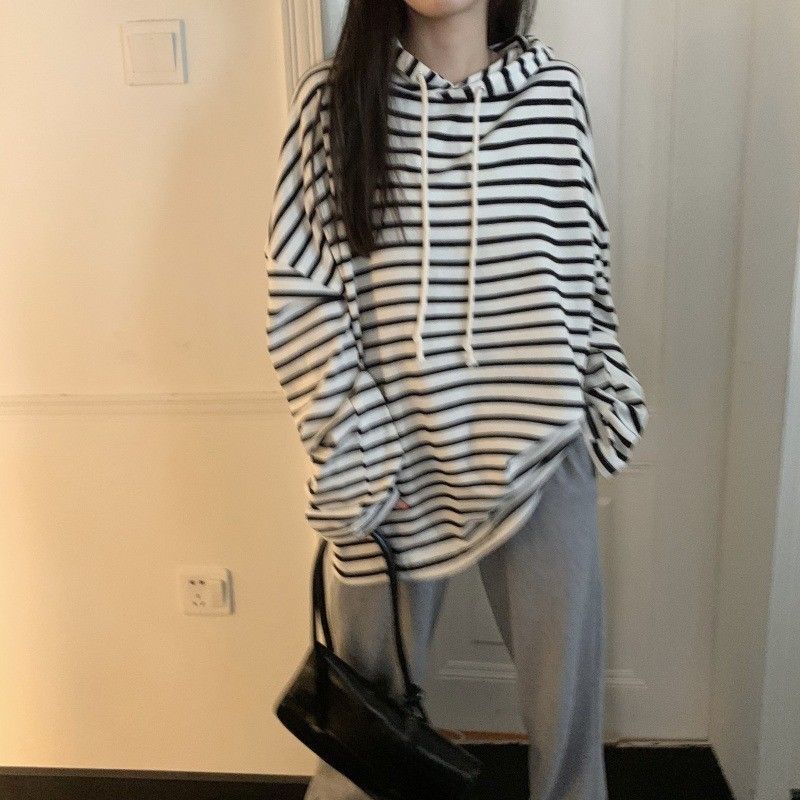 Áo hoodie tay dài dáng rộng kẻ sọc phong cách Hàn Quốc thời trang mùa thu mới 2021 cho nữ