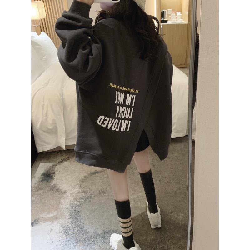 Áo Nỉ Dài Trung Bình Dáng Rộng Lót Lông Cừu Dày Dặn Xẻ Tà Cỡ Lớn Thời Trang Thu Đông Hàn Quốc Cho Nữ Niche