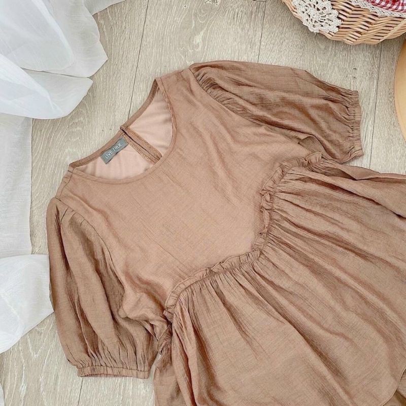 set babydoll nâu phối bèo + short