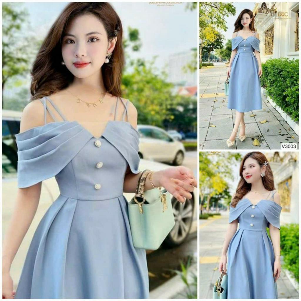 Đầm váy nữ 2 dây trễn vai phối lưới kim sa đính nút trẻ trung dáng xòe thanh lịch quý phái xinh xắn dự tiệc