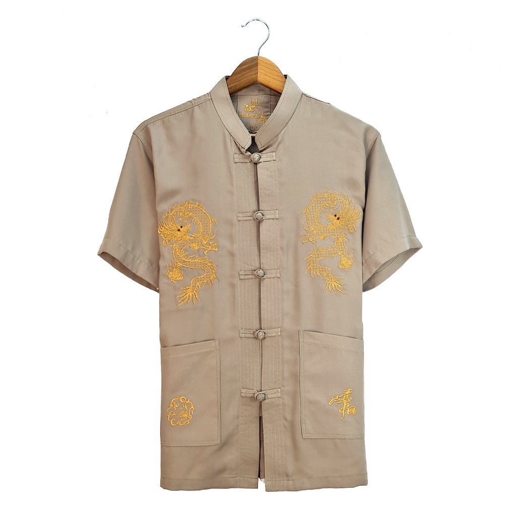 Áo sơ mi nam cổ tàu trung niên chất đũi dày dặn mềm mát loại áo sơ mi nam tay ngắn thêu rồng ADUI16